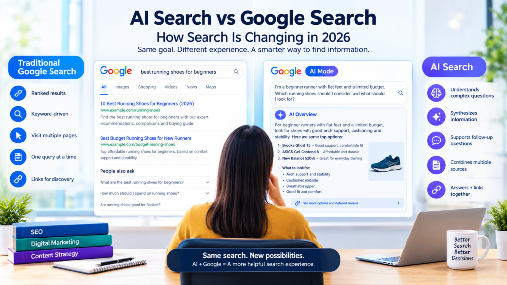 AI Search vs Google Search infographic showing traditional ranked search results compared with AI-powered search, highlighting conversational queries, synthesized information, follow-up questions, and source links.