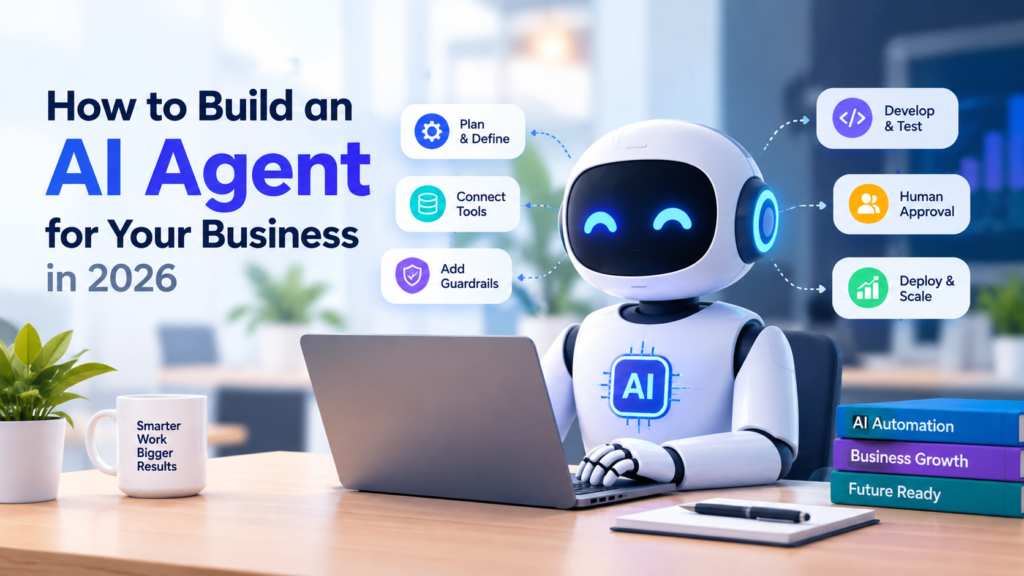 Modern AI agents concept showing interconnected AI systems, digital workflows, and human collaboration, representing how AI agents work and transform business tasks in 2026.